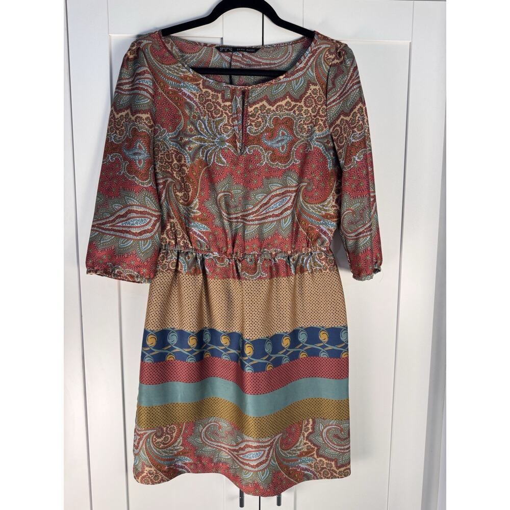 ZARA Paisley Mixed Print Moroccan Dress M Boho 3/4 Sleeve Tie Neck A-Line Mini
